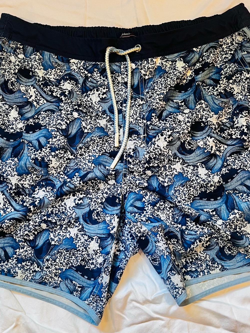 johnnie-O Blue and White Wave-Print Men’s Swim Trunks